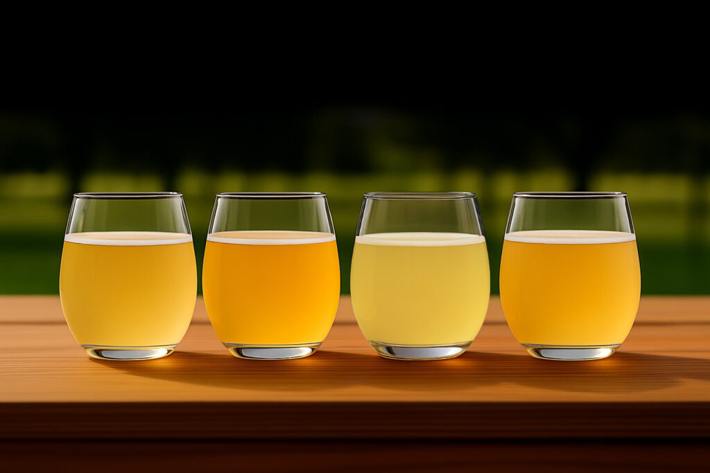 glasses of hard cyser outside on a picnic table