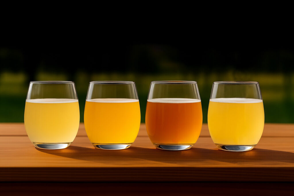 glasses of hard cyser and cider outside on a picnic table