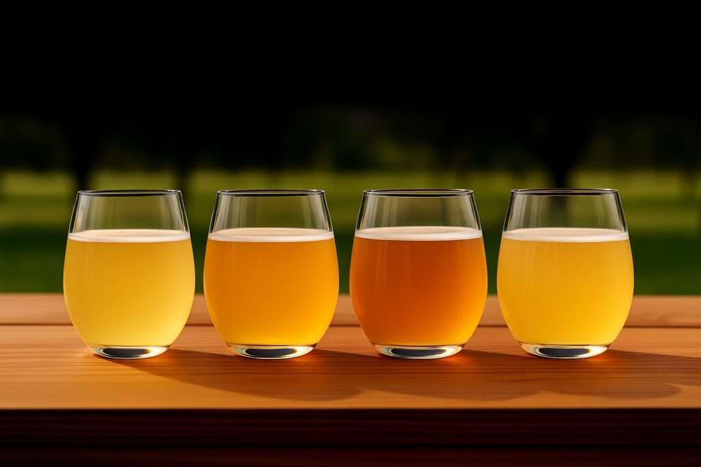 glasses of hard cyser outside on a picnic table