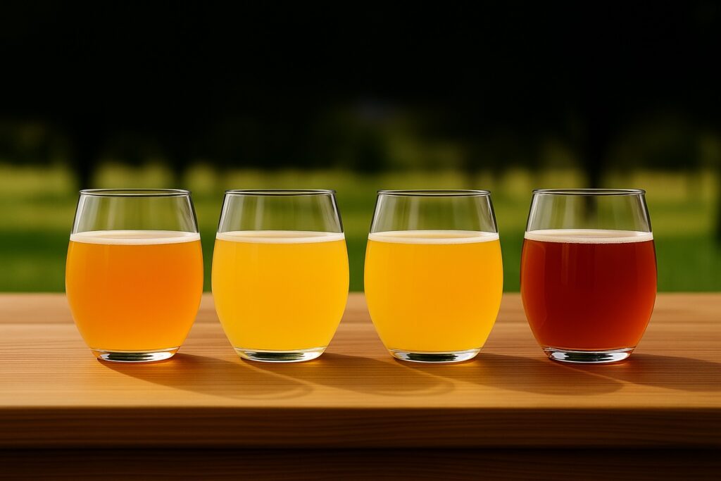 glasses of hard cider and cyser outside on a picnic table