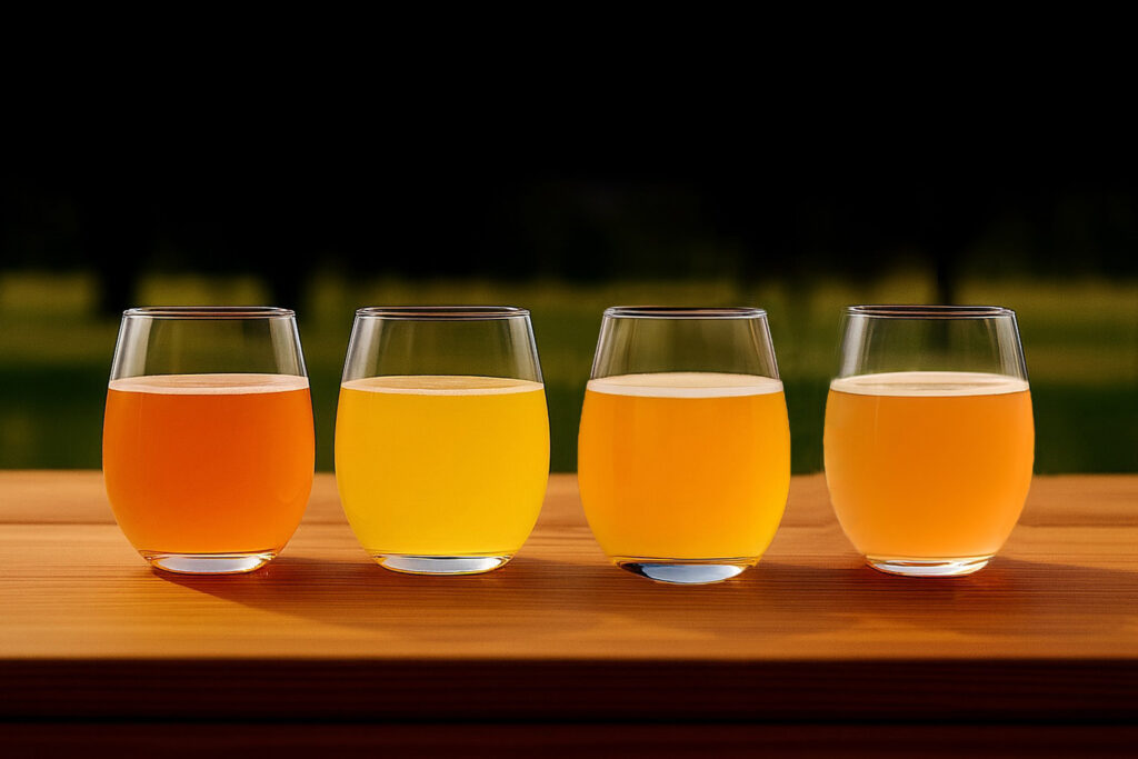 glasses of hard cider and cyser outside on a picnic table
