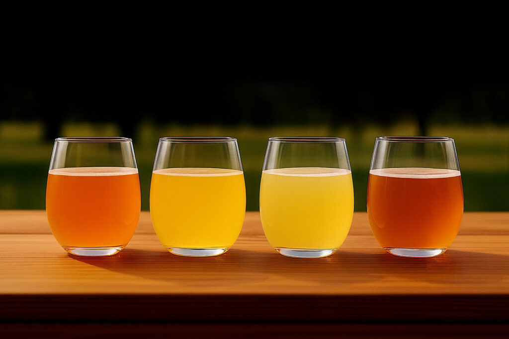 glasses of hard cider and cyser outside on a picnic table
